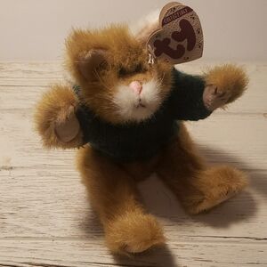 Vintage 90s 8" Ty Colllectibles Jointed Tan Cat One White Ear "Pouncer"w/sweater